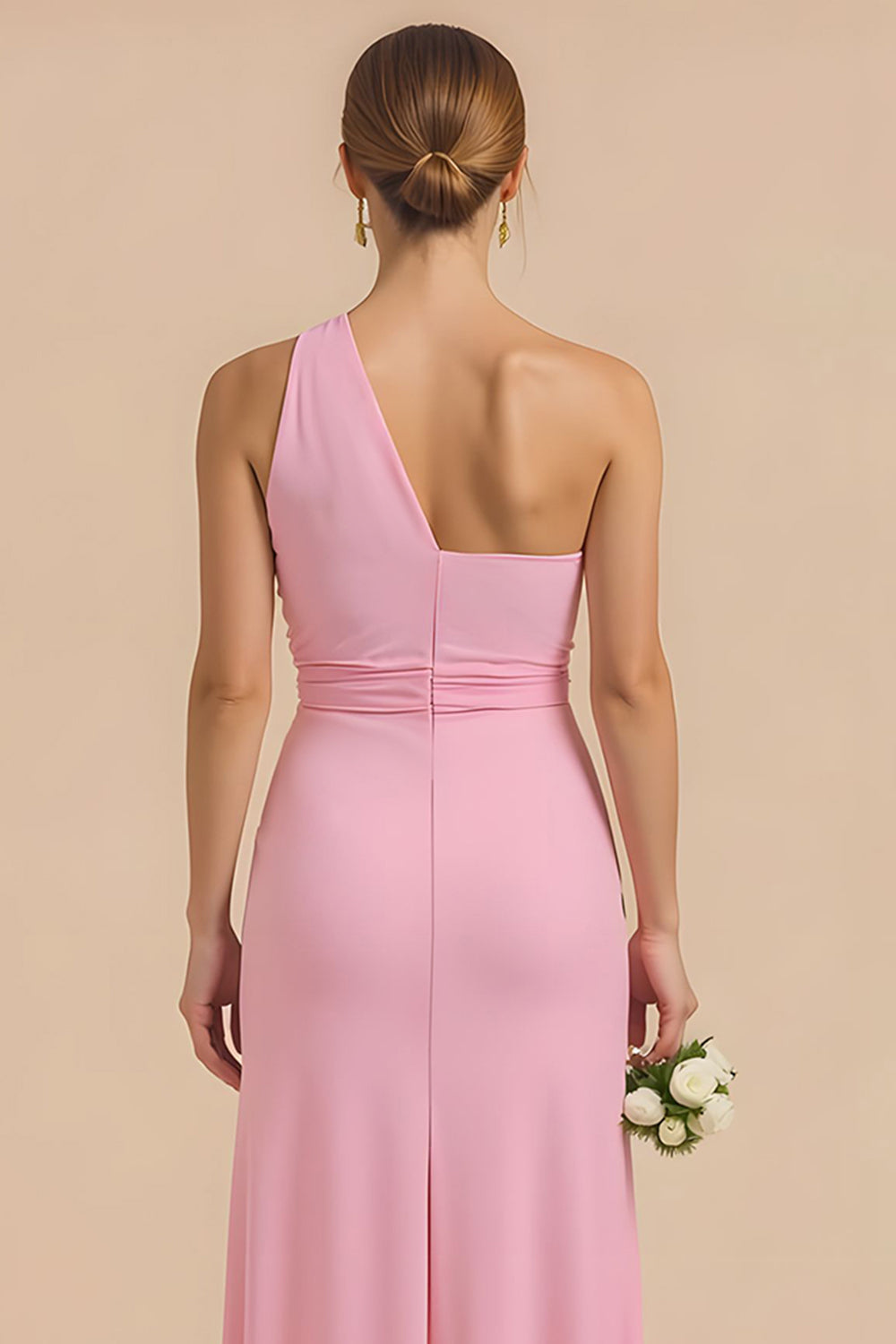 Candy Pink Chiffon Sheath One Shoulder Long Bridesmaid Dress