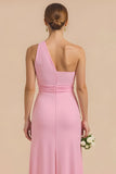 Candy Pink Chiffon Sheath One Shoulder Long Bridesmaid Dress
