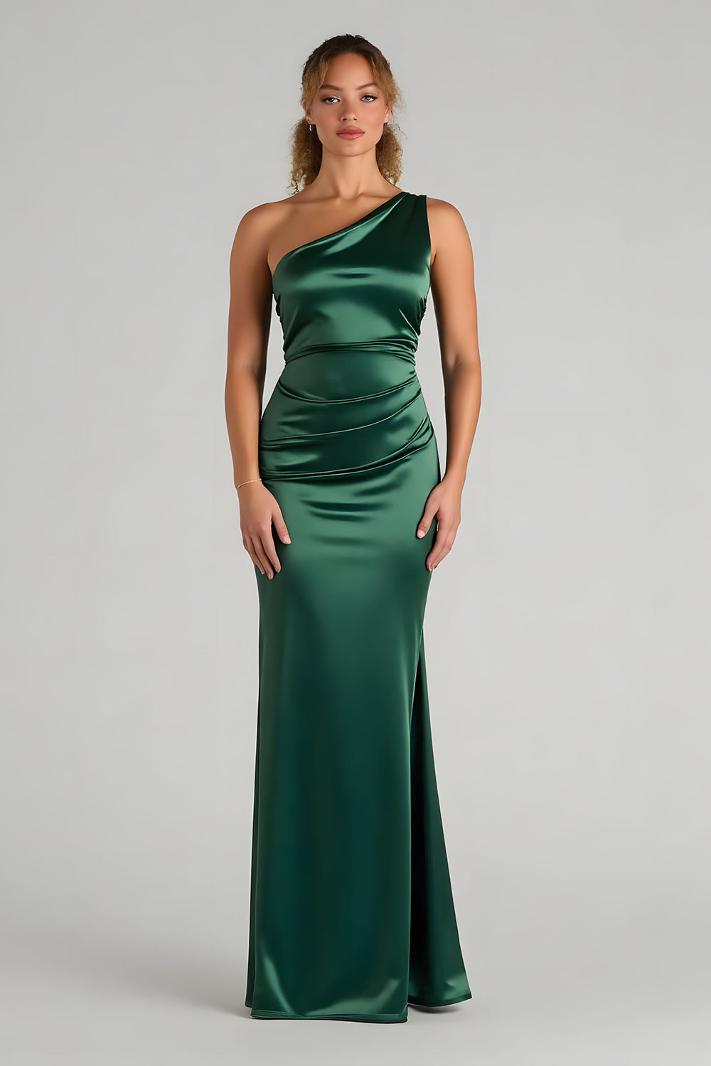 Dark Green Satin Sheath One Shoulder Ruched Long Bridesmaid Dress