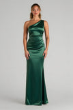 Dark Green Satin Sheath One Shoulder Ruched Long Bridesmaid Dress