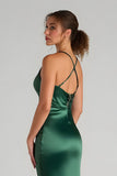 Dark Green Satin Sheath One Shoulder Ruched Long Bridesmaid Dress