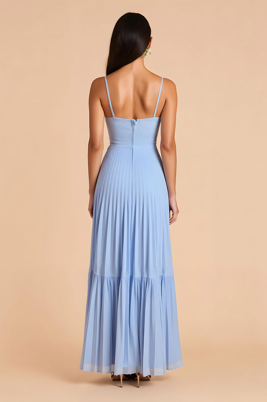 Light Blue A Line Chiffon Spaghetti Straps Long Bridesmaid Dress