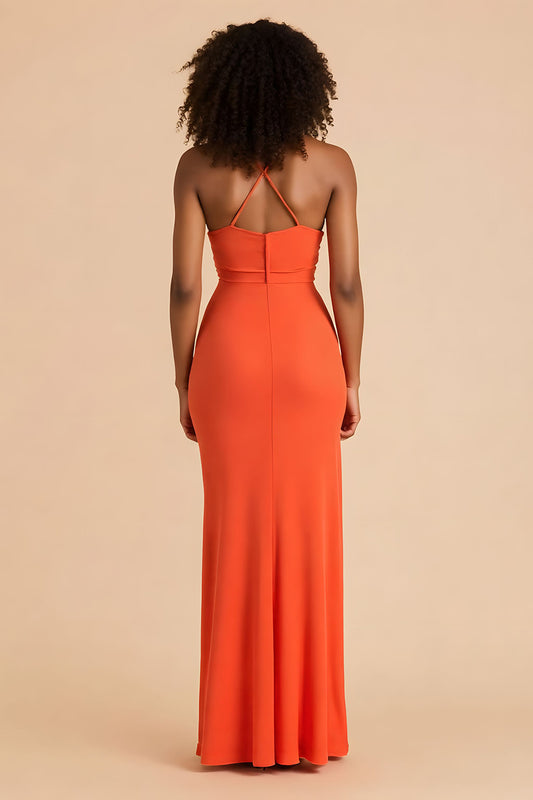 Orange Sheath Cut Out Ruched Long Bridesmaid Dress