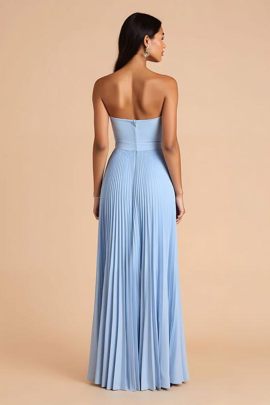 Sky Blue A Line Chiffon Pleated Spaghetti Straps Long Bridesmaid Dress