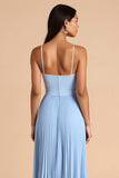 Sky Blue A Line Chiffon Pleated Spaghetti Straps Long Bridesmaid Dress