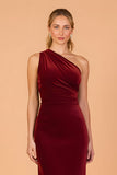 Cabernet One Shoulder Velvet Mermaid Ruched Long Bridesmaid Dress