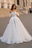 Ivory Off the Shoulder A Line Sweep Train Wedding Dress with Lace