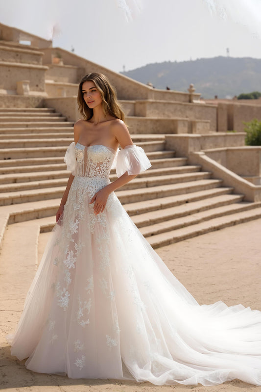 Ivory Strapless A Line Sweep Train Wedding Dress with Appliques