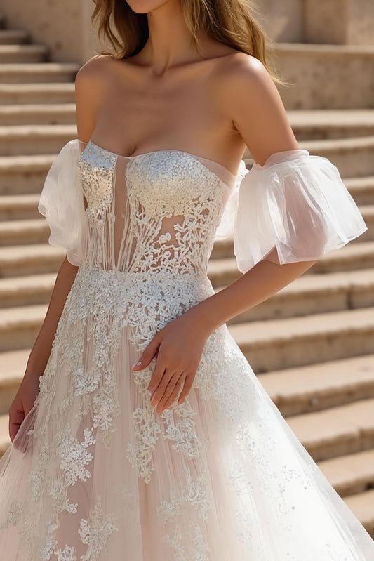 Ivory Strapless A Line Sweep Train Wedding Dress with Appliques