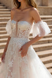 Ivory Strapless A Line Sweep Train Wedding Dress with Appliques