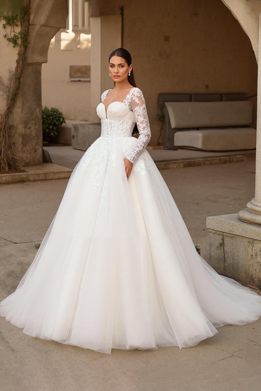 Ivory Ball Gown Tulle Sweep Train Wedding Dress with Sleeves