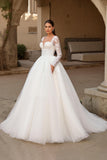 Ivory Ball Gown Tulle Sweep Train Wedding Dress with Sleeves