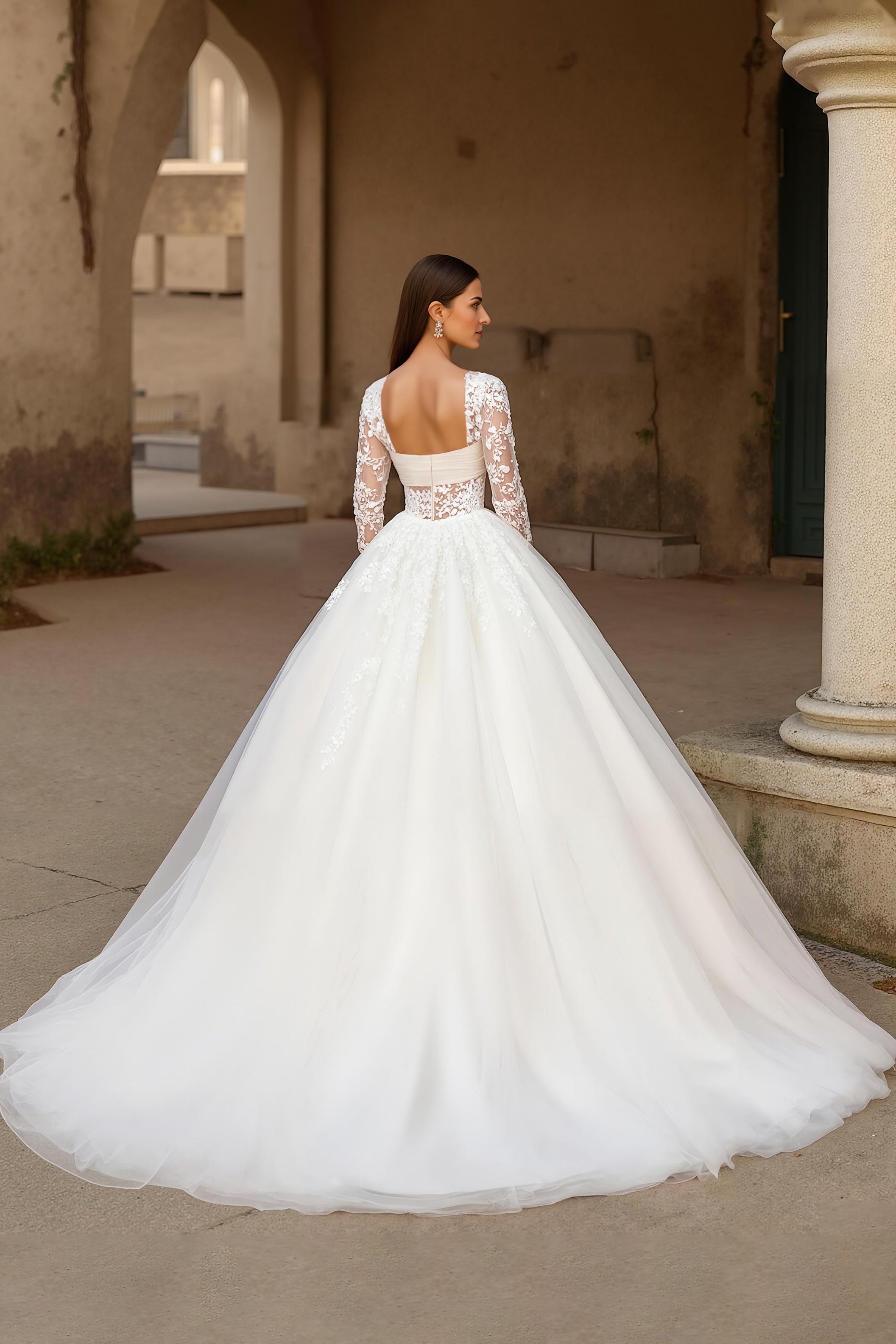 Ivory Ball Gown Tulle Sweep Train Wedding Dress with Sleeves