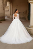 Ivory Ball Gown Tulle Sweep Train Wedding Dress with Sleeves