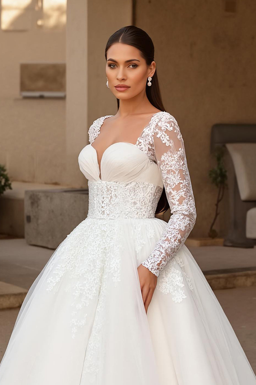 Ivory Ball Gown Tulle Sweep Train Wedding Dress with Sleeves