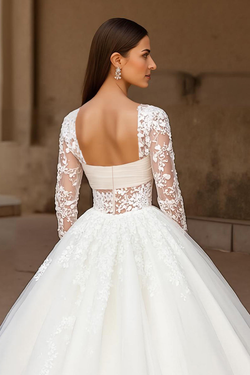 Ivory Ball Gown Tulle Sweep Train Wedding Dress with Sleeves