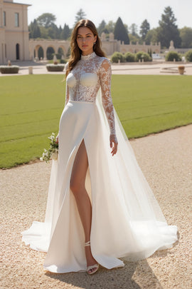 Ivory High Neck Long Sleeves Sweep Train Wedding Dress with Slit