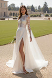 Ivory High Neck Long Sleeves Sweep Train Wedding Dress with Slit