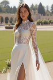 Ivory High Neck Long Sleeves Sweep Train Wedding Dress with Slit