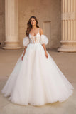 Ivory Ball Gown Spaghetti Straps Sweep Train Wedding Dress with Lace