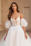 Ivory Ball Gown Spaghetti Straps Sweep Train Wedding Dress with Lace