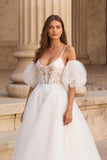 Ivory Ball Gown Spaghetti Straps Sweep Train Wedding Dress with Lace