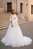 Ivory Bateau Neck A Line Sweep Train Floral Wedding Dress with Sleeves