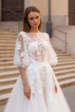 Ivory Bateau Neck A Line Sweep Train Floral Wedding Dress with Sleeves