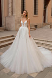 Ivory Spaghetti Straps Backless A Line Sweep Train Wedding Dress with Lace