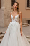 Ivory Spaghetti Straps Backless A Line Sweep Train Wedding Dress with Lace
