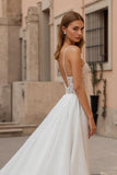 Ivory Spaghetti Straps Backless A Line Sweep Train Wedding Dress with Lace