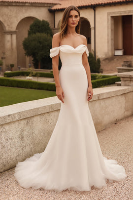 Simple Ivory Mermaid Off the Shoulder Sweep Train Wedding Dress