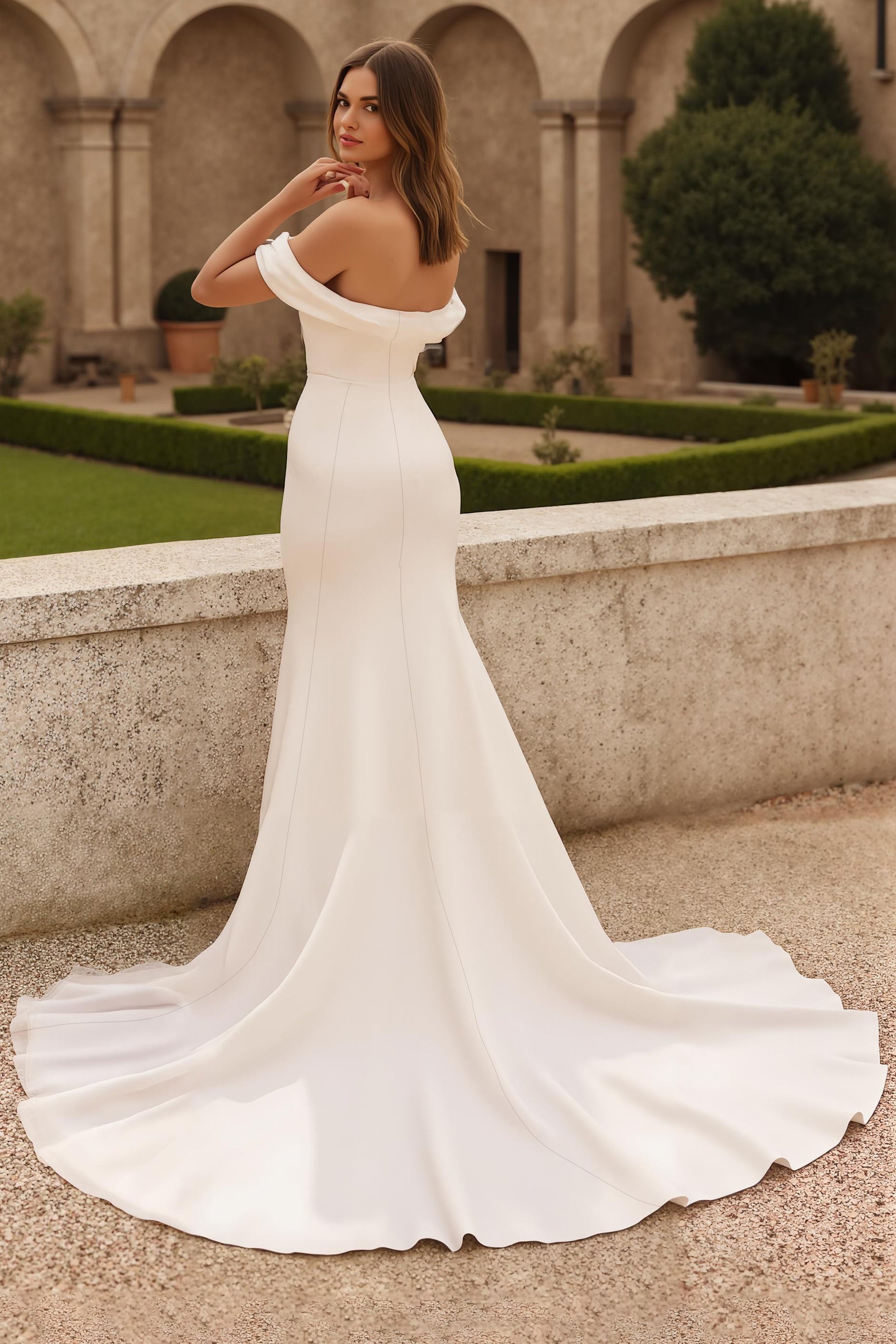 Simple Ivory Mermaid Off the Shoulder Sweep Train Wedding Dress