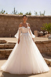 Ivory Off the Shoulder Tulle Ball Gown Sweep Train Wedding Dress with Sleeves