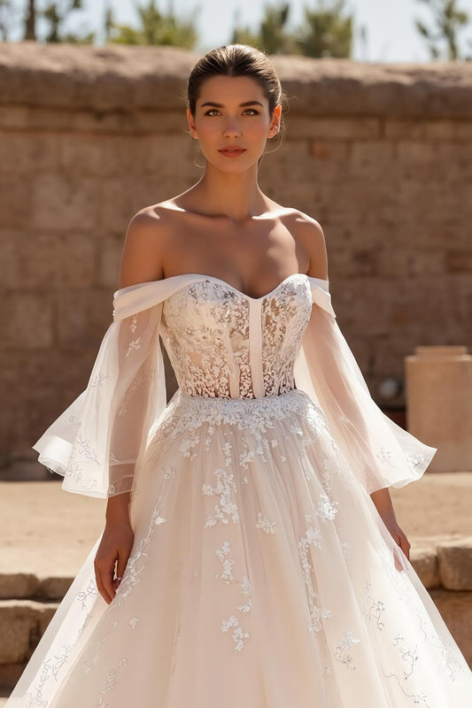 Ivory Off the Shoulder Tulle Ball Gown Sweep Train Wedding Dress with Sleeves
