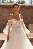 Ivory Off the Shoulder Tulle Ball Gown Sweep Train Wedding Dress with Sleeves