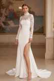 Ivory Long Sleeves High Neck Sweep Train Vintage Wedding Dress with Slit