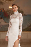 Ivory Long Sleeves High Neck Sweep Train Vintage Wedding Dress with Slit