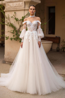 Ivory Off the Shoulder Tulle Sweep Train Wedding Dress with Sleeves