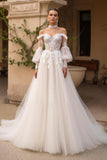 Ivory Off the Shoulder Tulle Sweep Train Wedding Dress with Sleeves