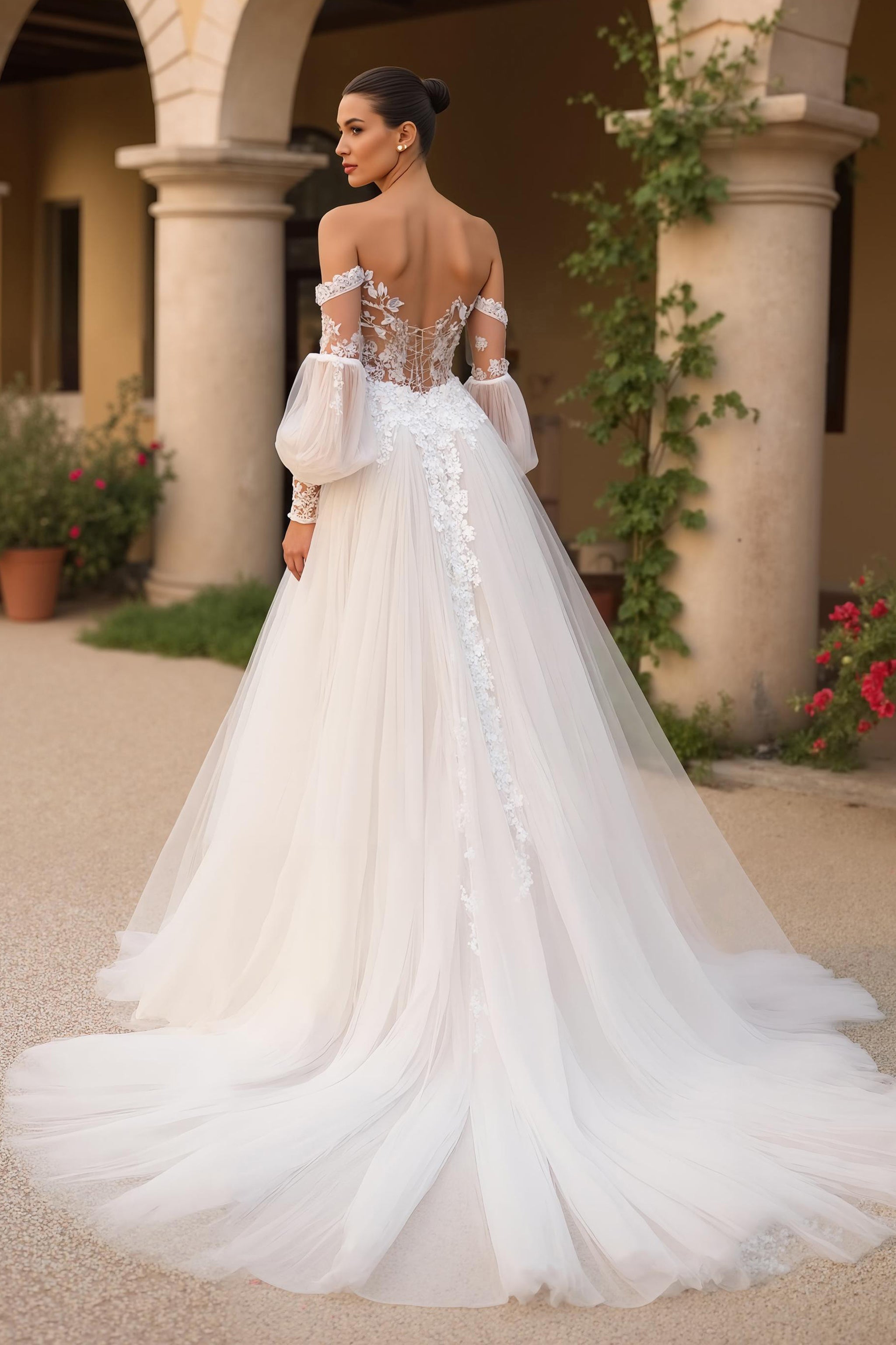 Ivory Off the Shoulder Tulle Sweep Train Wedding Dress with Sleeves