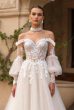 Ivory Off the Shoulder Tulle Sweep Train Wedding Dress with Sleeves