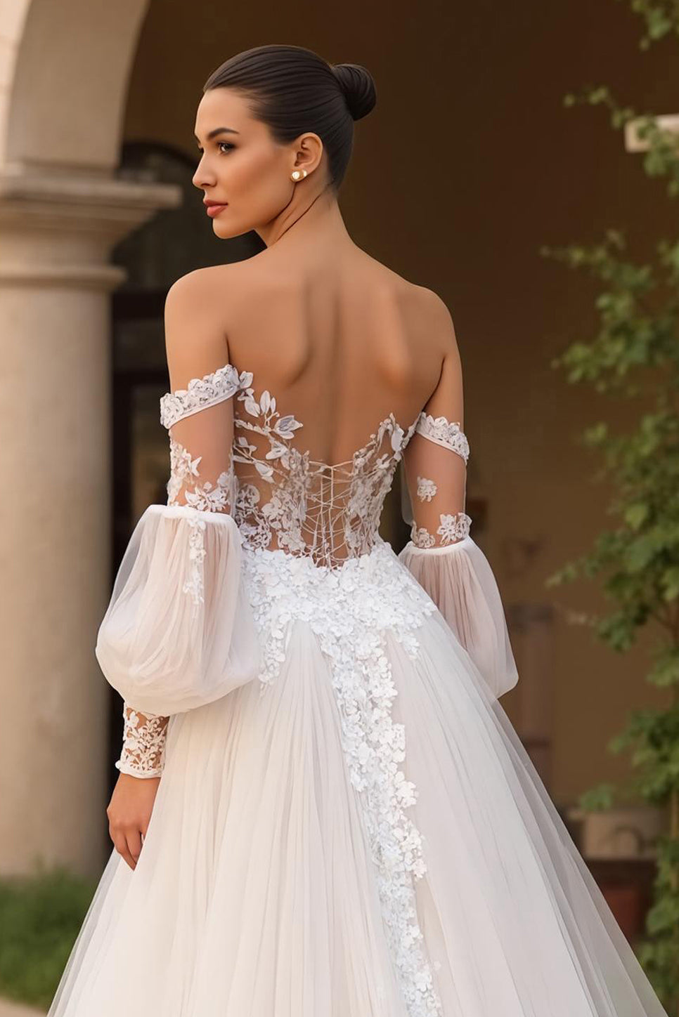 Ivory Off the Shoulder Tulle Sweep Train Wedding Dress with Sleeves