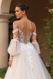 Ivory Off the Shoulder Tulle Sweep Train Wedding Dress with Sleeves