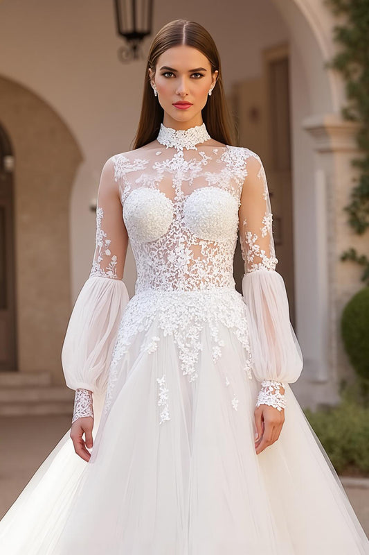 Ivory Tulle Ball Gown High Neck Sweep Train Wedding Dress with Lace