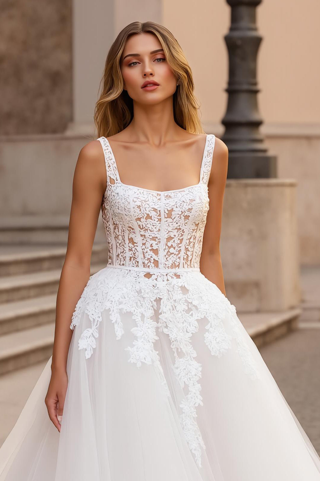 Ivory Tulle Square Neck Ball Gown Sweep Train Wedding Dress with Lace