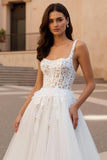 Ivory Tulle Square Neck Ball Gown Sweep Train Wedding Dress with Lace