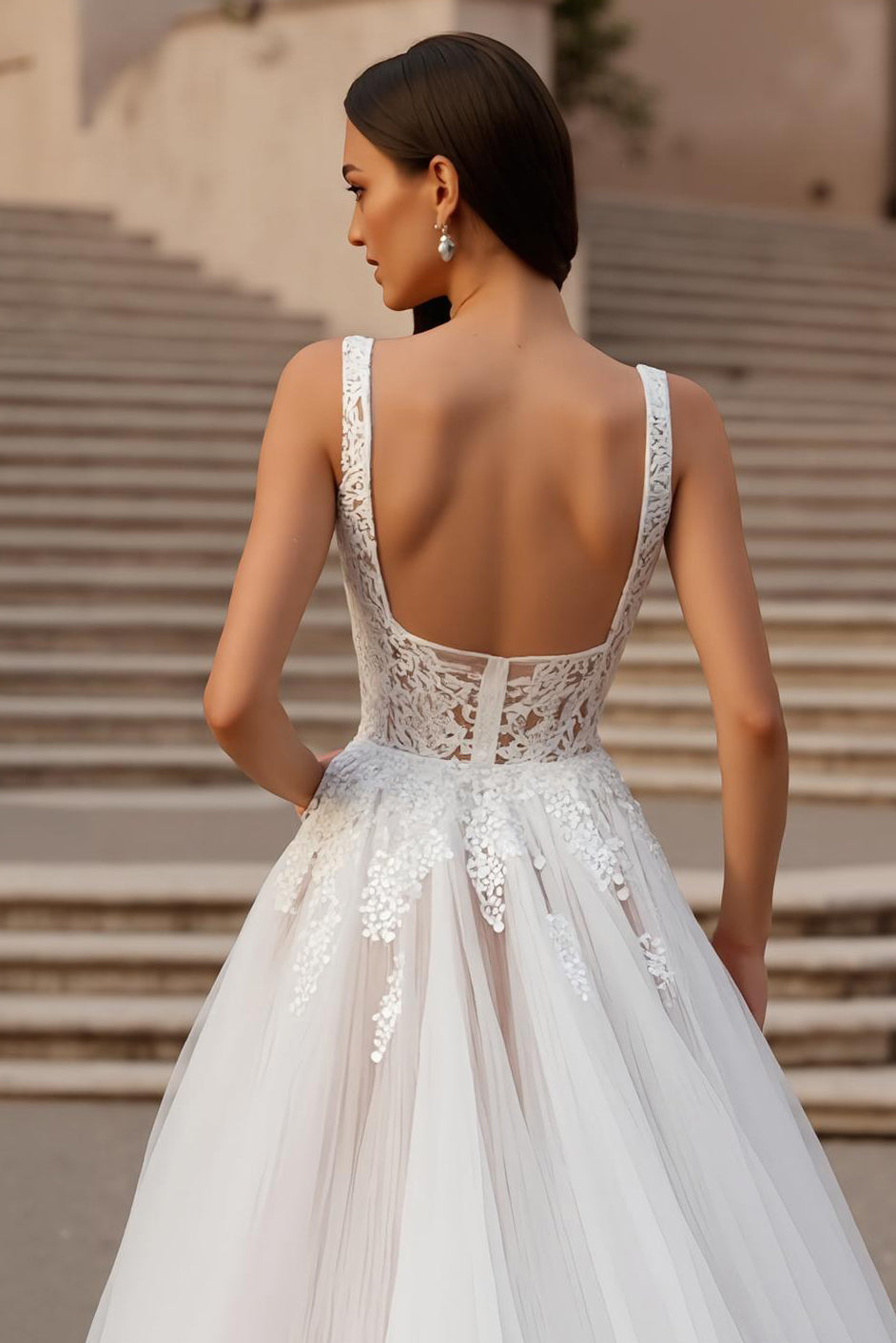 Ivory Tulle Square Neck Ball Gown Sweep Train Wedding Dress with Lace