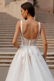 Ivory Tulle Square Neck Ball Gown Sweep Train Wedding Dress with Lace