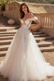 Ivory Off the Shoulder Ball Gown Sweep Train Tulle Wedding Dress with Lace